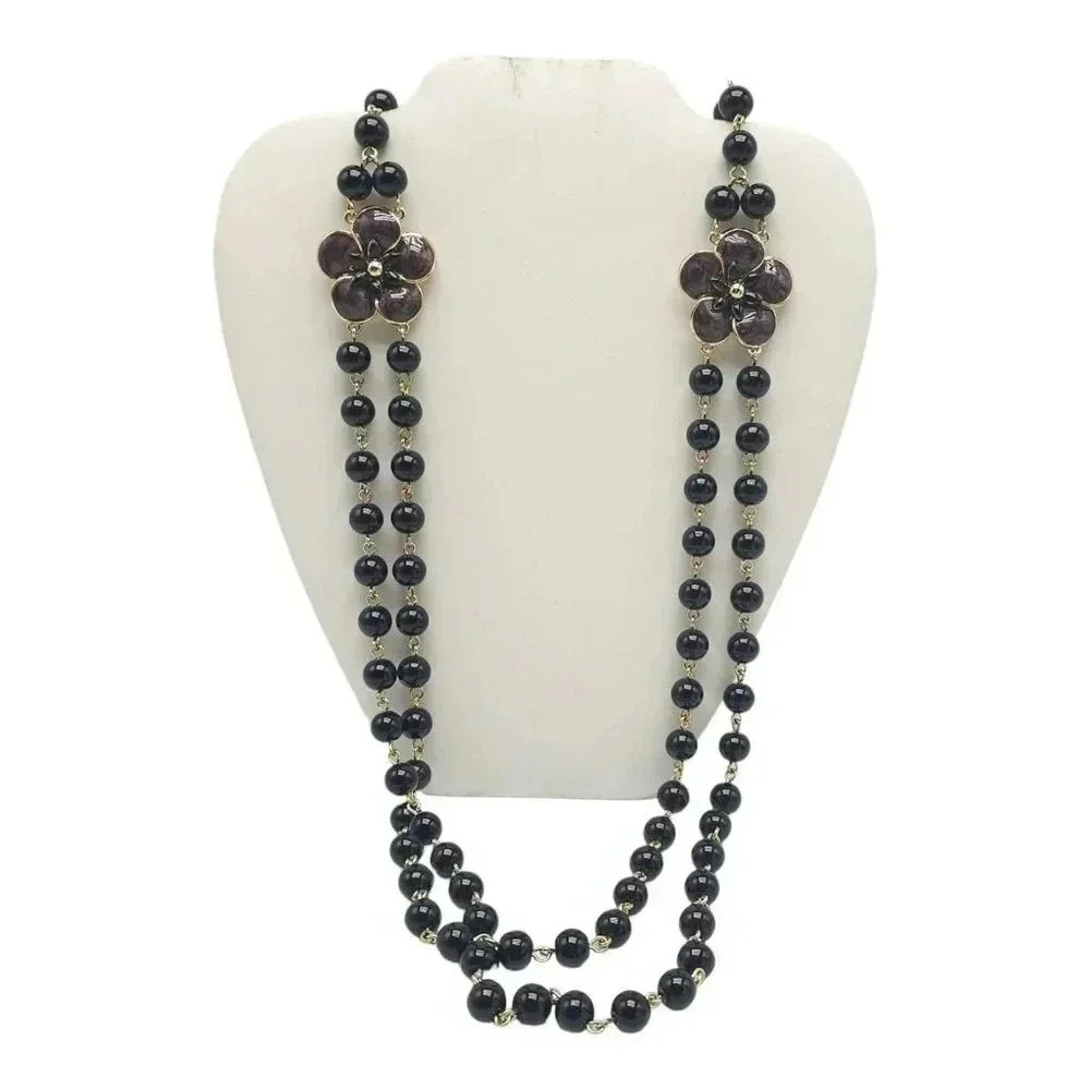TALBOTS Double Strand Black Glass Beads Reversible Enameled Flowers Necklace 37"